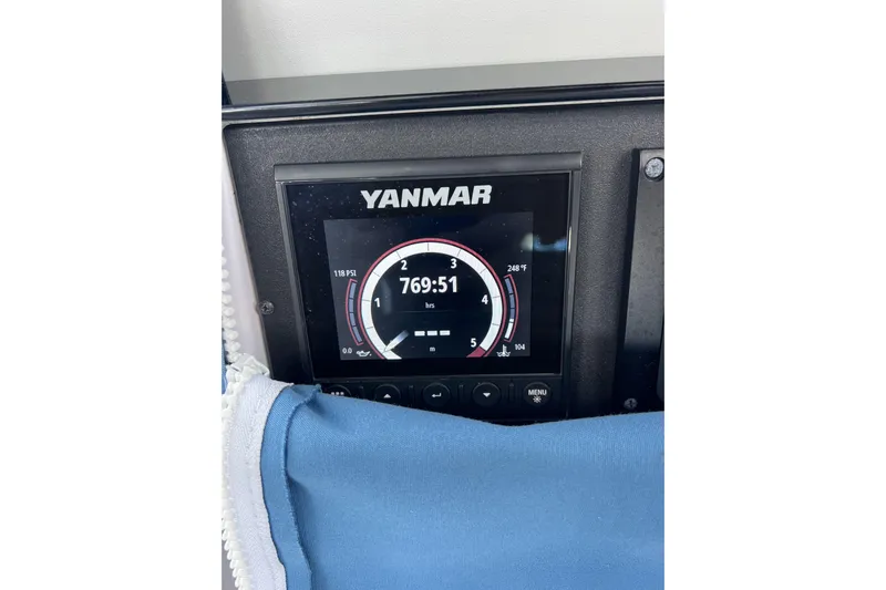 Here & Now Yacht Photos Pics Yanmar engine display on 2021 Catalina 445 sailboat, showing 769.51 hours.