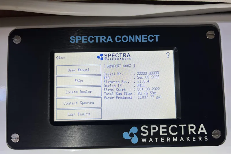 Here & Now Yacht Photos Pics Spectra Connect display on Catalina 445, showing watermaker details and options.