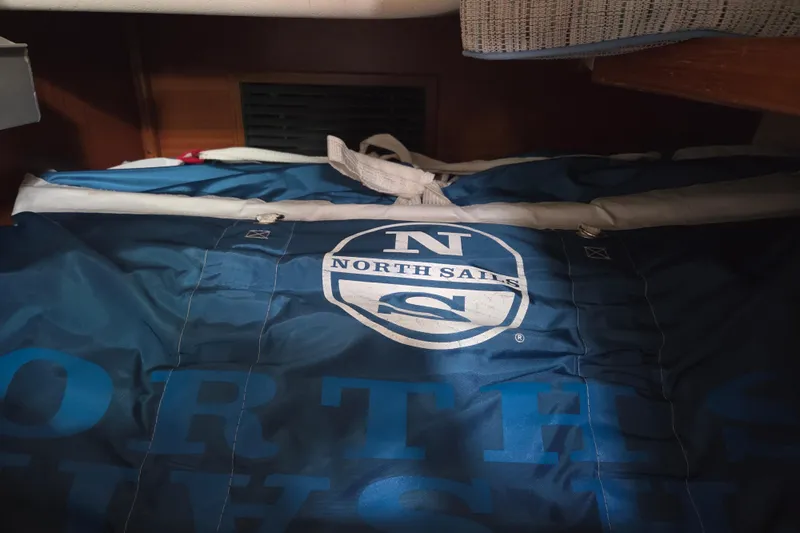 Here & Now Yacht Photos Pics North Sails bag inside 2021 Catalina 445 yacht cabin.