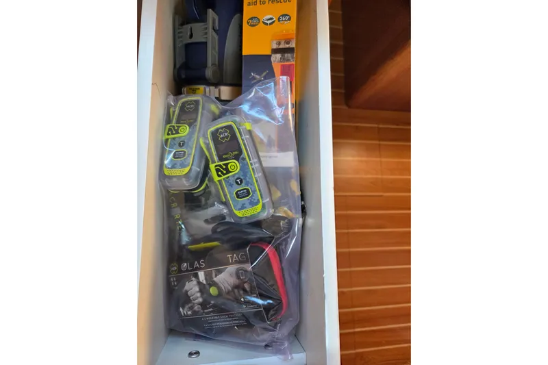 Here & Now Yacht Photos Pics Safety equipment stored in a Catalina 445 yacht, featuring ACR electronics and accessories.