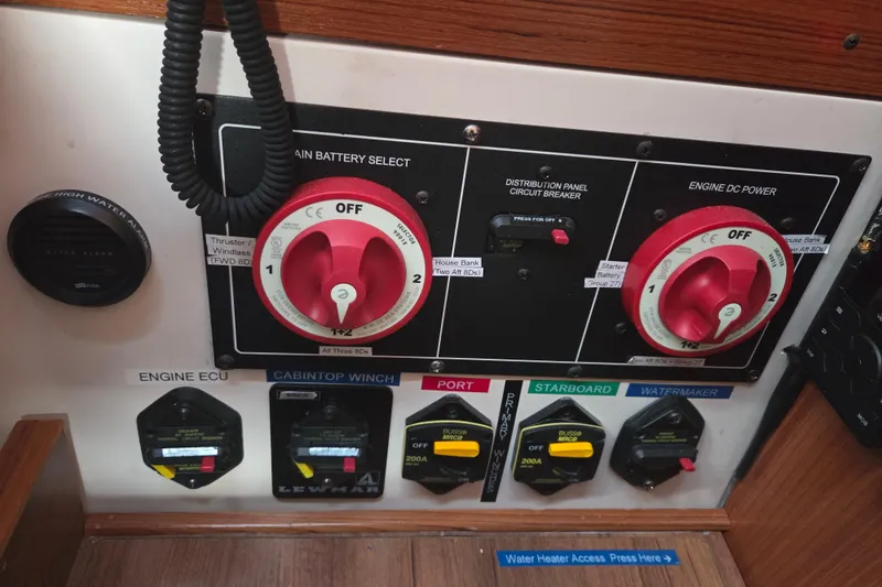 Here & Now Yacht Photos Pics Control panel of a 2021 Catalina 445 sailboat with battery and power switches.