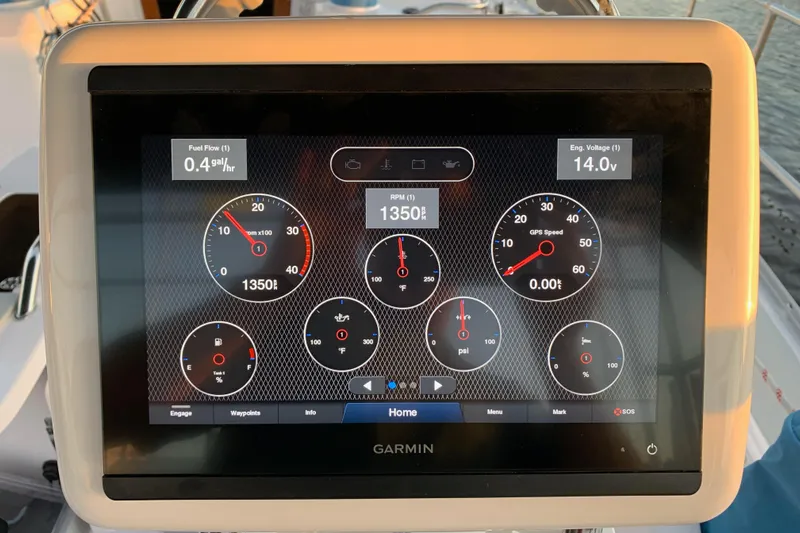 Here & Now Yacht Photos Pics Garmin display on 2021 Catalina 445 showing engine metrics and fuel flow.