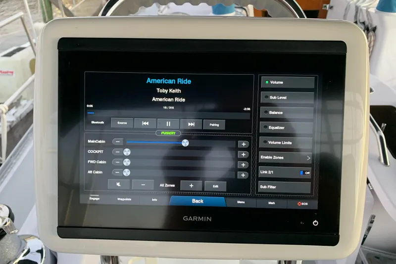 Here & Now Yacht Photos Pics Garmin marine audio system on Catalina 445, displaying "American Ride" by Toby Keith.