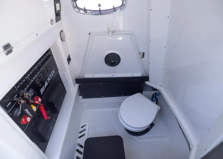  Yacht Photos Pics 2023 Blackfin 272 CC boat interior with toilet and control panel.