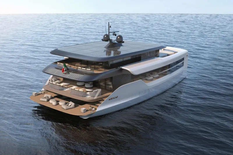 80 Hybrid Solar Electric Yacht Photos Pics 2026 Mazarin German Yachts 80 Hybrid on ocean, featuring solar electric technology.