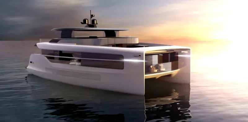 80 Hybrid Solar Electric Yacht Photos Pics 2026 Mazarin German Yachts 80 Hybrid, solar electric yacht at sunset on calm water.