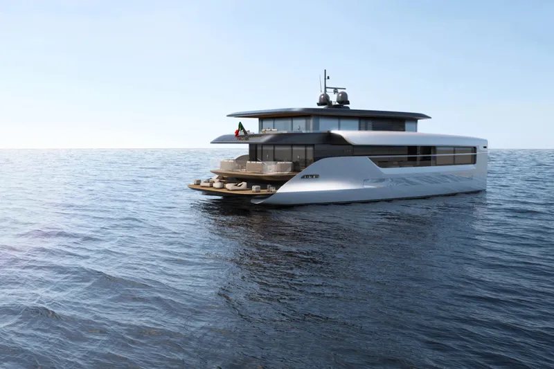 80 Hybrid Solar Electric Yacht Photos Pics 2026 Mazarin German Yachts 80 Hybrid on open sea, showcasing sleek solar-electric design.