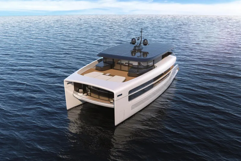 80 Hybrid Solar Electric Yacht Photos Pics 2026 Mazarin German Yachts 80 Hybrid on open sea, featuring solar electric technology.