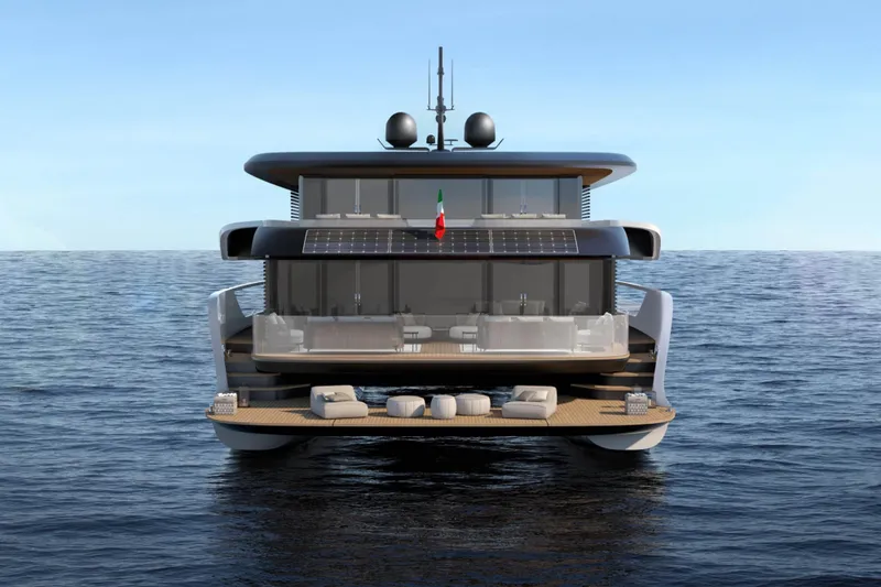 80 Hybrid Solar Electric Yacht Photos Pics Mazarin German Yachts 80 Hybrid, solar electric yacht on calm sea, 2026 model.