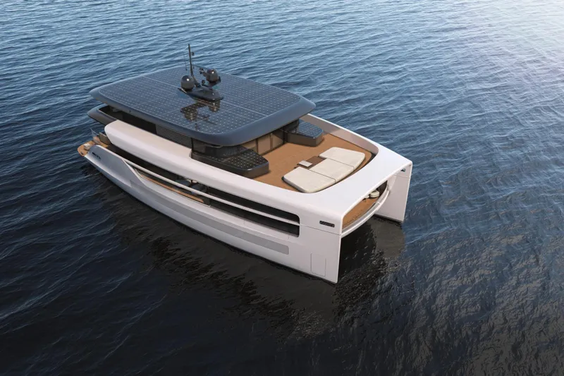 80 Hybrid Solar Electric Yacht Photos Pics 2026 Mazarin German Yachts 80 Hybrid with solar panels on calm water.