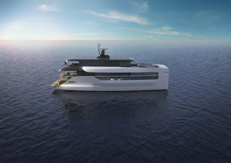 80 Hybrid Solar Electric Yacht Photos Pics 2026 Mazarin German Yachts 80 Hybrid on open sea, showcasing sleek solar-electric design.