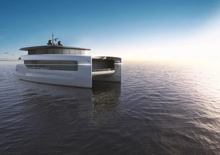 80 Hybrid Solar Electric Yacht Photos Pics 2026 Mazarin German Yachts 80 Hybrid on serene ocean at sunset, showcasing sleek solar-electric design.