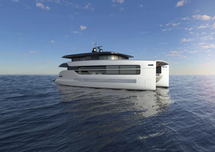 80 Hybrid Solar Electric Yacht Photos Pics 2026 Mazarin German Yachts 80 Hybrid on ocean, showcasing sleek solar-electric design.