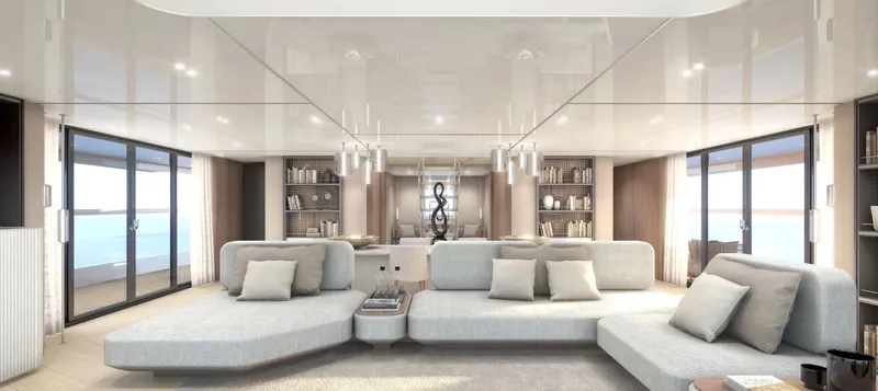 80 Hybrid Solar Electric Yacht Photos Pics Luxurious interior of 2026 Mazarin German Yachts 80 Hybrid, featuring modern design and spacious seating.