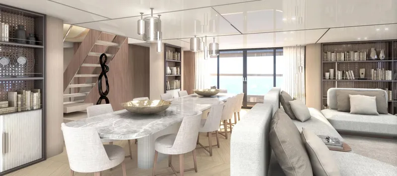 80 Hybrid Solar Electric Yacht Photos Pics Luxurious interior of 2026 Mazarin German Yachts 80 Hybrid, featuring elegant dining and living areas.