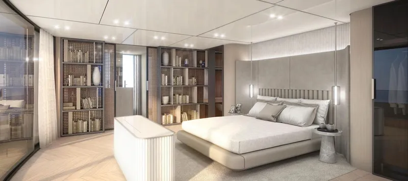 80 Hybrid Solar Electric Yacht Photos Pics Luxurious bedroom interior of 2026 Mazarin German Yachts 80 Hybrid, featuring modern design and elegant furnishings.