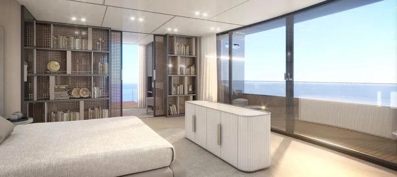 80 Hybrid Solar Electric Yacht Photos Pics Luxurious bedroom interior of 2026 Mazarin German Yachts 80 Hybrid, featuring ocean view and modern design.