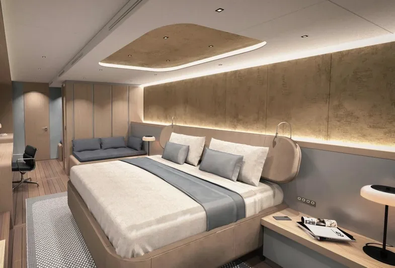 80 Hybrid Solar Electric Yacht Photos Pics Luxurious bedroom interior of 2026 Mazarin German Yachts 80 Hybrid, featuring modern design and elegant furnishings.