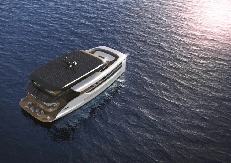 80 Hybrid Solar Electric Yacht Photos Pics 2026 Mazarin German Yachts 80 Hybrid on ocean, featuring solar electric technology.