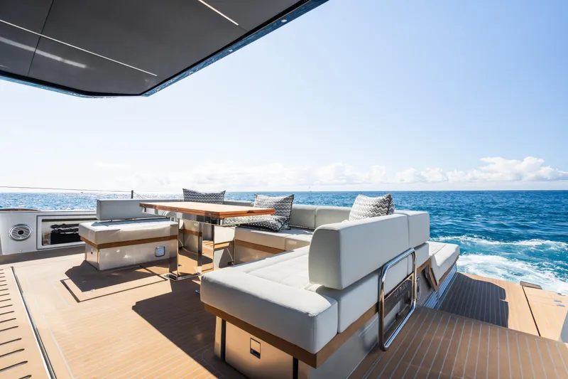 Simon Yacht Photos Pics Luxurious 2024 Pardo Yachts GT75 deck with elegant seating and ocean view.
