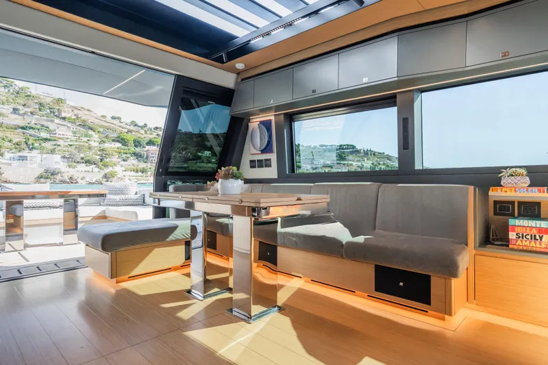Simon Yacht Photos Pics Luxurious interior of 2024 Pardo Yachts GT75 with modern seating and scenic views.