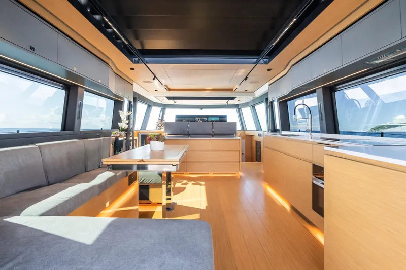 Simon Yacht Photos Pics Luxurious interior of 2024 Pardo Yachts GT75 with modern design and panoramic windows.