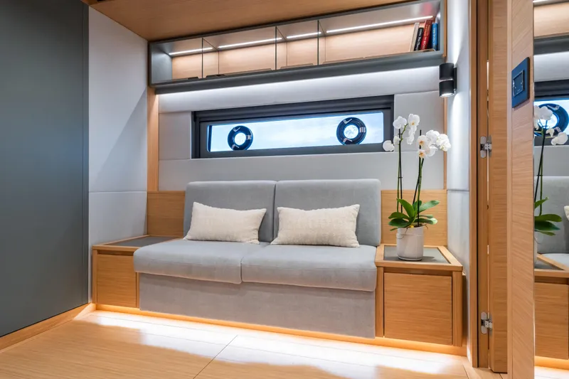 Simon Yacht Photos Pics Luxurious interior of 2024 Pardo Yachts GT75 with elegant seating and modern decor.