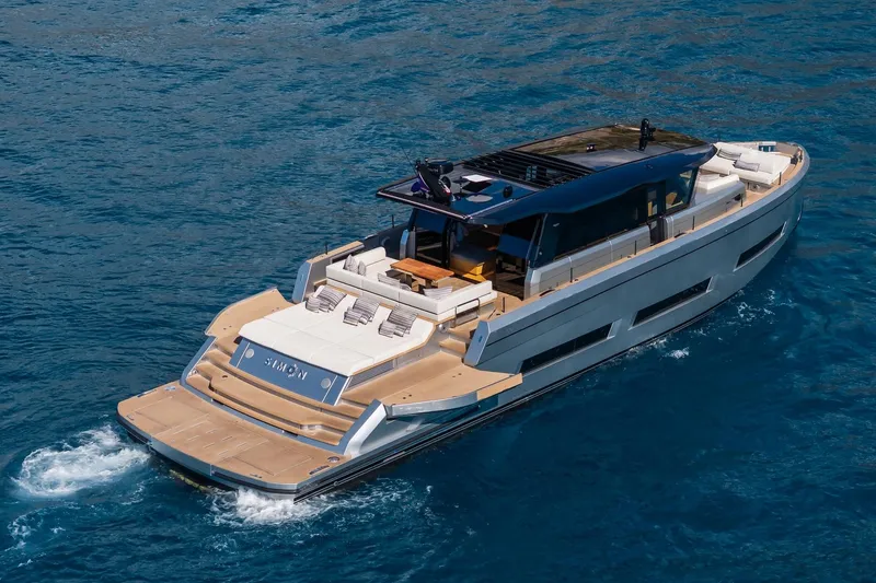 Simon Yacht Photos Pics Luxurious 2024 Pardo Yachts GT75 cruising on open water, showcasing sleek design and spacious deck.