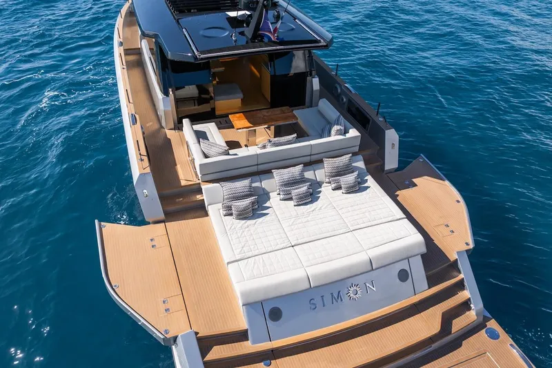 Simon Yacht Photos Pics 2024 Pardo Yachts GT75 luxury yacht with spacious deck and seating on open water.
