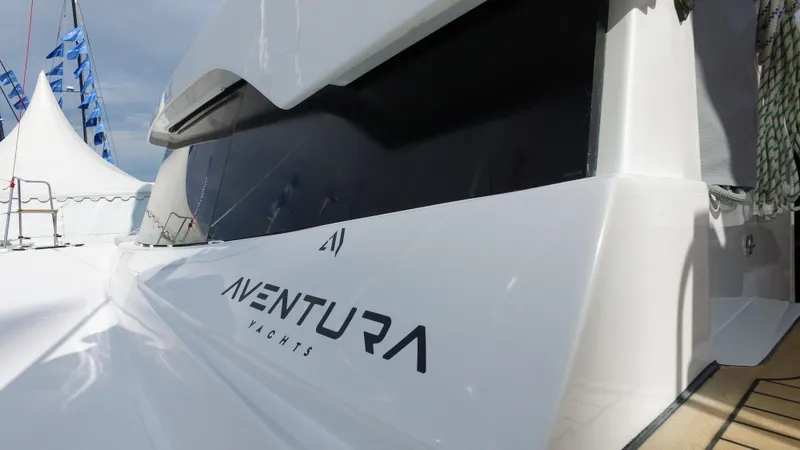 Tbd Yacht Photos Pics Aventura 45 yacht, 2025 model, sleek white design with modern branding.