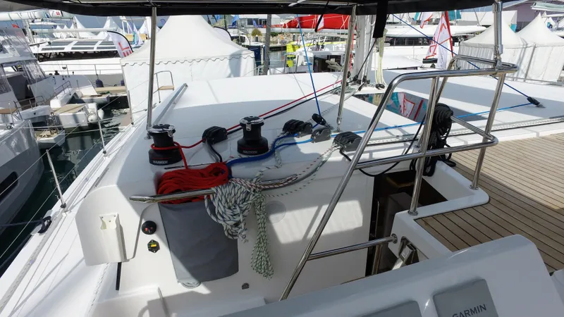 Tbd Yacht Photos Pics Aventura 45 yacht deck, showcasing winches and ropes, 2025 model.