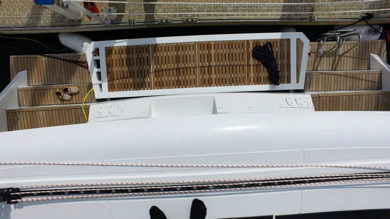 Tbd Yacht Photos Pics Aventura 45 yacht deck, 2025 model, featuring sleek design and wooden accents.