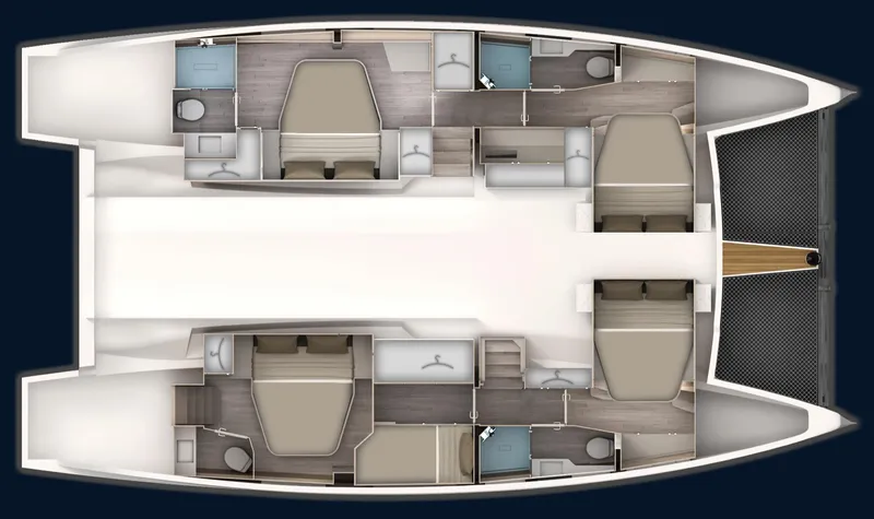 Tbd Yacht Photos Pics Floor plan of 2025 Aventura 45 catamaran, featuring cabins, bathrooms, and living spaces.