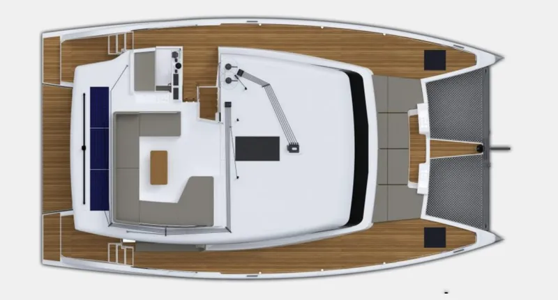 Tbd Yacht Photos Pics Top view of 2025 Aventura 45 catamaran layout with spacious deck and seating area.
