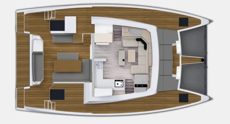 Tbd Yacht Photos Pics Top view of 2025 Aventura 45 catamaran interior layout with modern design.