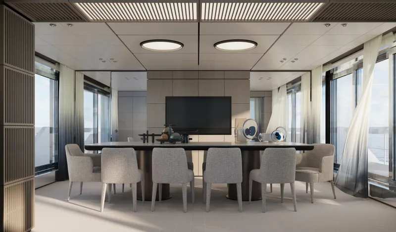 Doge 400 Yacht Photos Pics Luxurious dining area on Ocean King Doge 400 yacht, 2027 model, with elegant decor and panoramic windows.