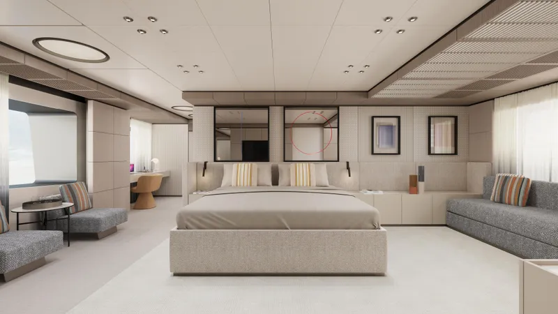 Doge 400 Yacht Photos Pics Luxurious bedroom interior of Ocean King Doge 400 yacht, 2027 model, featuring modern design.