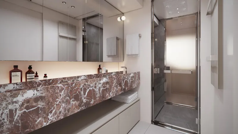 Doge 400 Yacht Photos Pics Luxurious yacht bathroom with marble countertop, modern fixtures, and glass shower in Ocean King Doge 400.