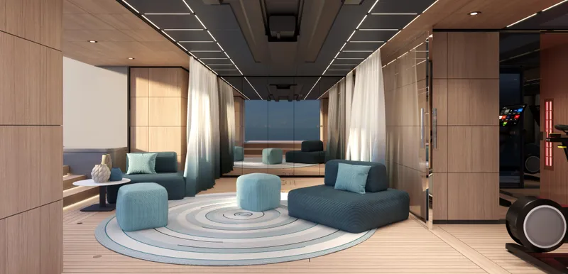 Doge 400 Yacht Photos Pics Luxurious interior of 2027 Ocean King Doge 400 yacht with modern seating and elegant decor.