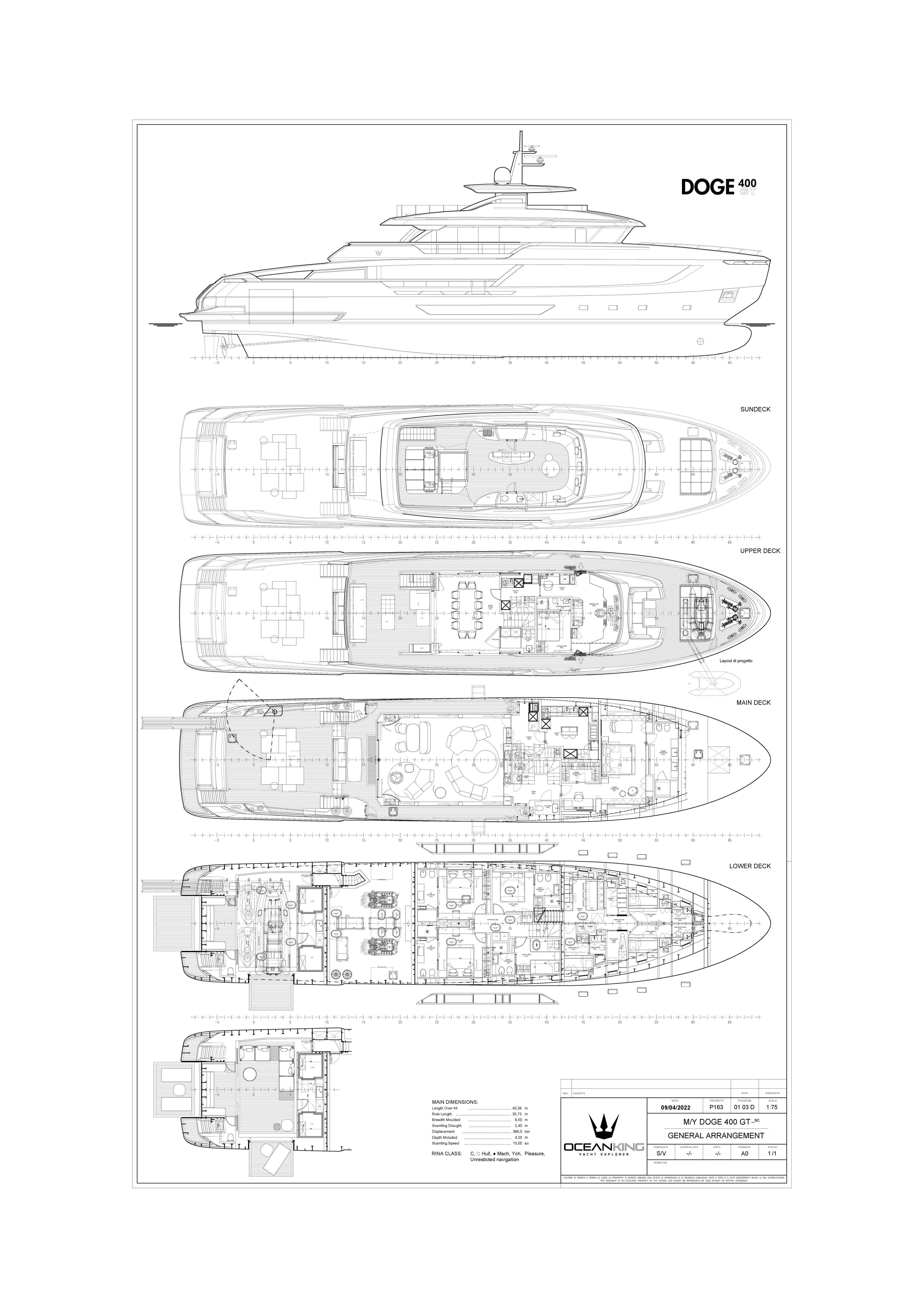 Doge 400 Yacht Photos Pics Blueprint of Ocean King Doge 400 yacht, 2027 model, showcasing detailed deck layouts.