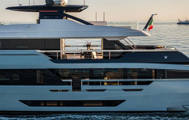 Doge 400 Yacht Photos Pics Luxurious Ocean King Doge 400 yacht, 2027 model, cruising on serene waters at sunset.