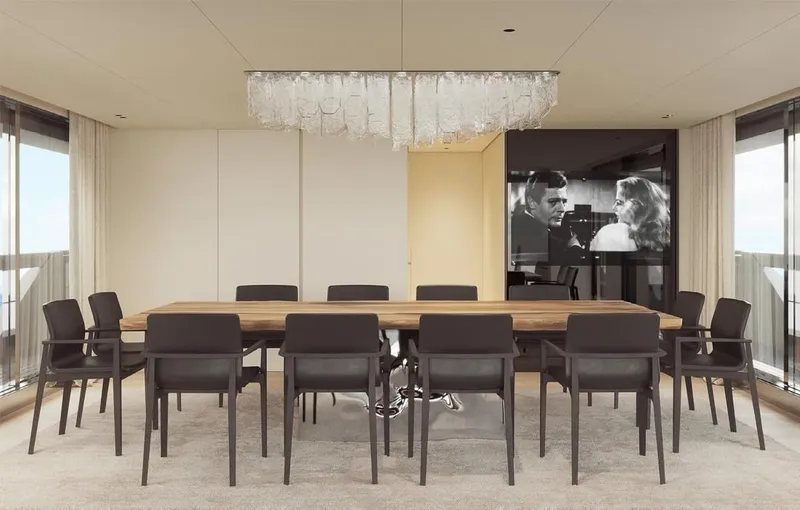 Doge 400 Yacht Photos Pics Luxurious dining room on Ocean King Doge 400 yacht, featuring elegant chandelier and modern decor.