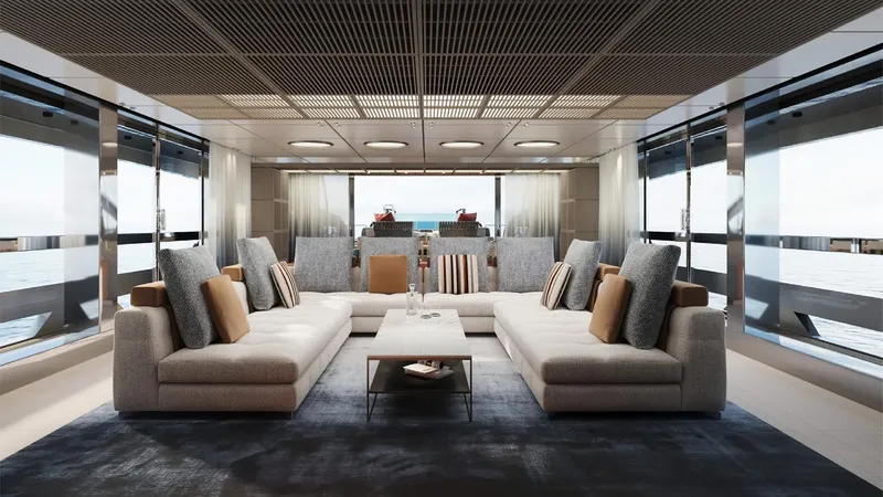 Doge 400 Yacht Photos Pics Luxurious interior of Ocean King Doge 400 yacht, 2027 model, with elegant seating and ocean views.