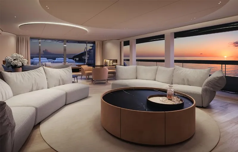 Doge 400 Yacht Photos Pics Luxurious Ocean King Doge 400 yacht interior with sunset view, featuring elegant seating and modern decor.