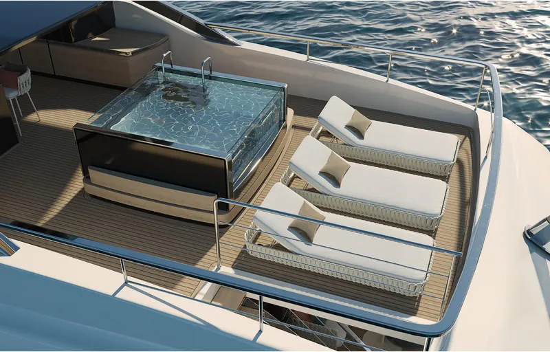 Doge 400 Yacht Photos Pics Luxurious Ocean King Doge 400 yacht deck with sun loungers and hot tub, 2027 model.