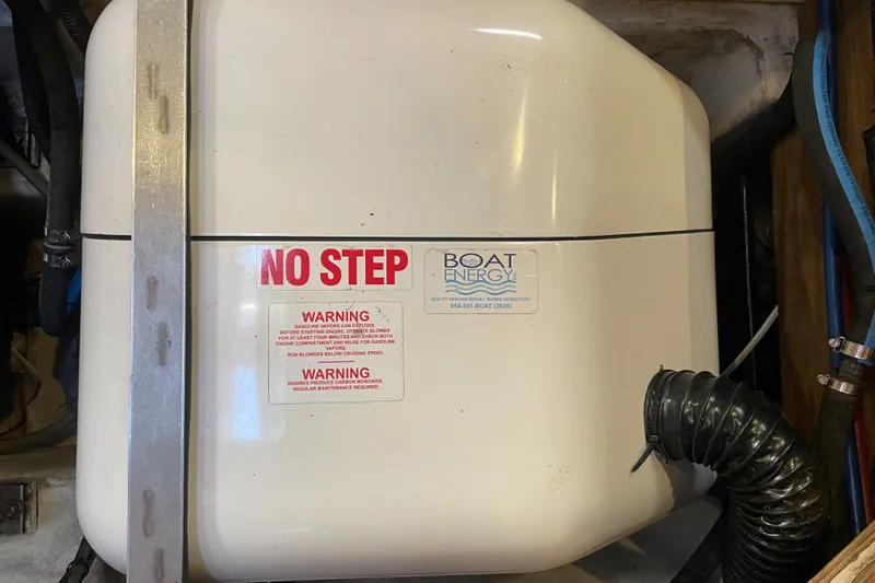 Sailing Diver Yacht Photos Pics Boat energy unit with 'No Step' warning on Hunter 49 Aft Cockpit, 2010 model.