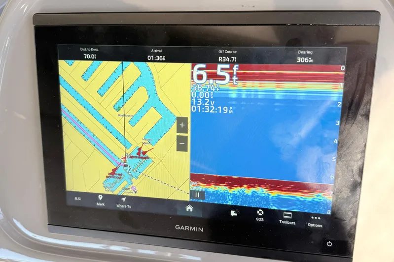 Ursula Yacht Photos Pics Garmin navigation display on 2006 Cruisers Yachts 370 Express showing map and sonar data.
