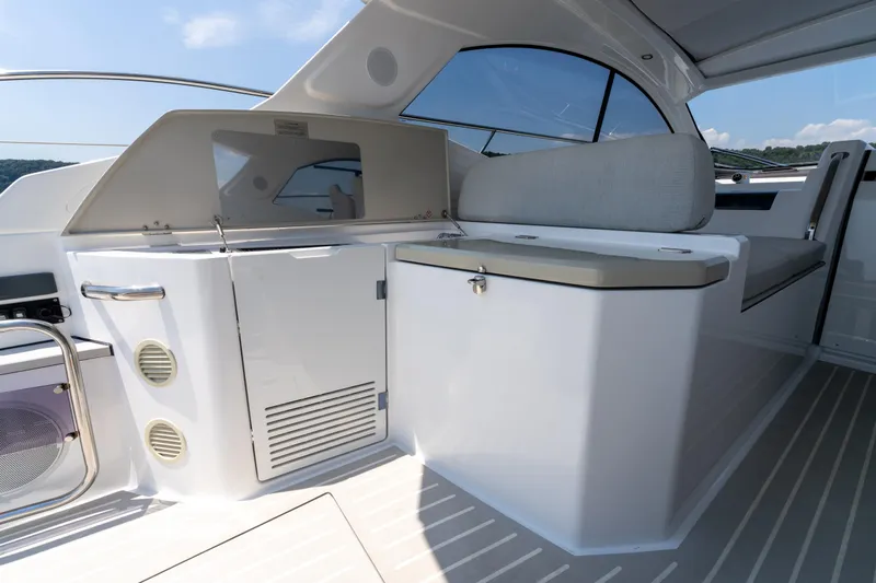  Yacht Photos Pics 2023 Azimut Atlantis 45 yacht interior with sleek seating and modern design.