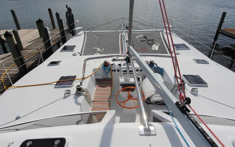 Wabisabi Yacht Photos Pics 2018 Chris White Atlantic 49 MastFoil yacht docked, showcasing deck and rigging.