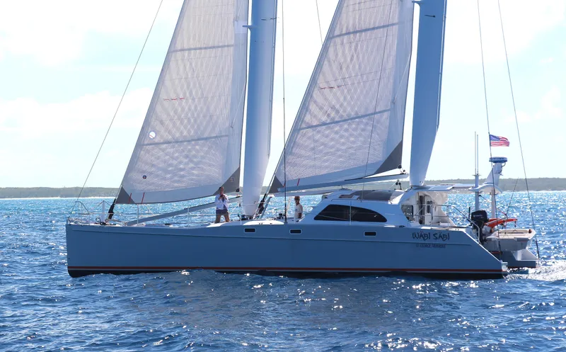 Wabisabi Yacht Photos Pics Sailing catamaran Chris White Atlantic 49 MastFoil 2018 on open water.